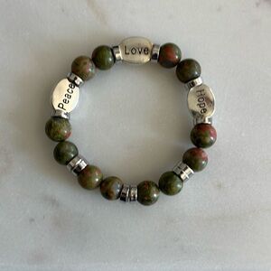 Green and Silver Ukanite Stone Beaded Elastic Stretch Bracrlet Love Hope Peace
